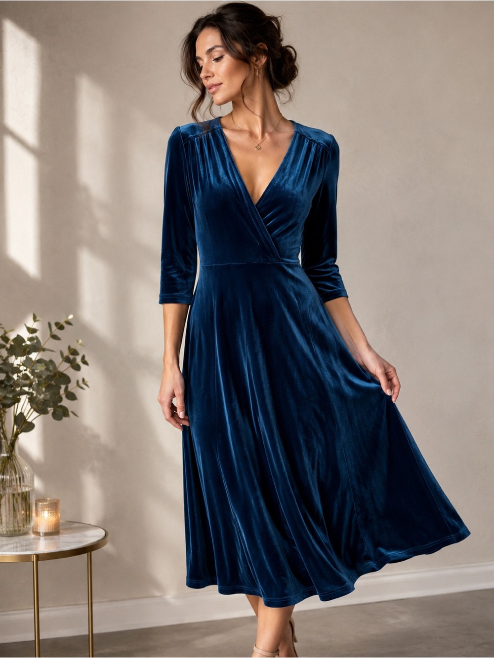 Fiore Blue Velvet Midi Dress Medium Made in USA 90s V Neck 3/4 Sleeve